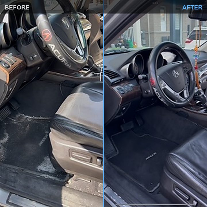 Driver footwell before and after, stained carpet shampooed clean